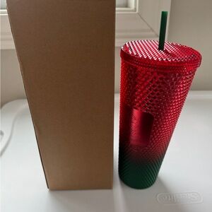 Red and Green Textured Tumbler with Straw